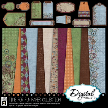 Time for Fun 12 Digital Papers & cutouts