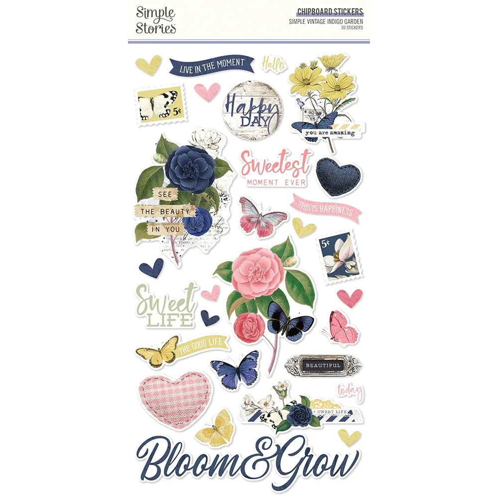 Vintage Indigo Garden Chipboard, 30 stickers