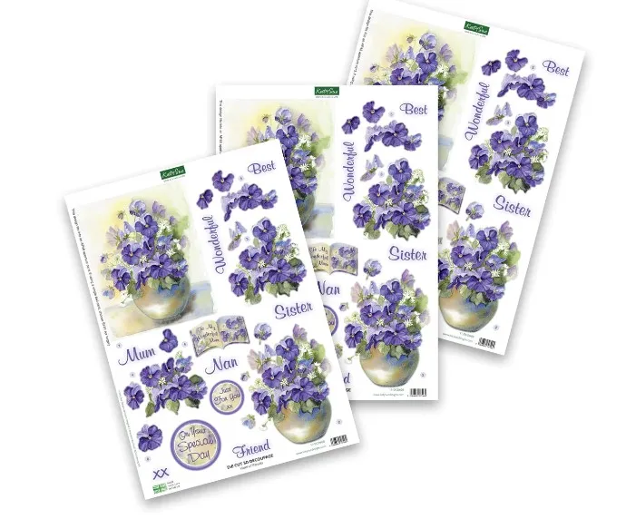 Vases of Pansies Die-Cut Decoupage, 3 sheets