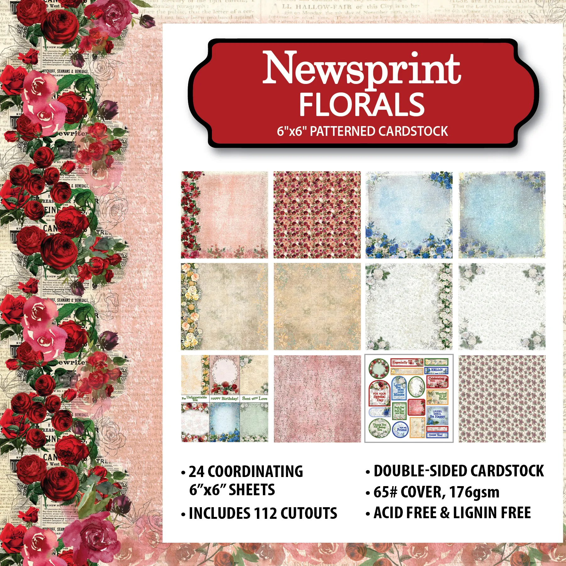 Newsprint Florals 6x6 Patterned Cardstock