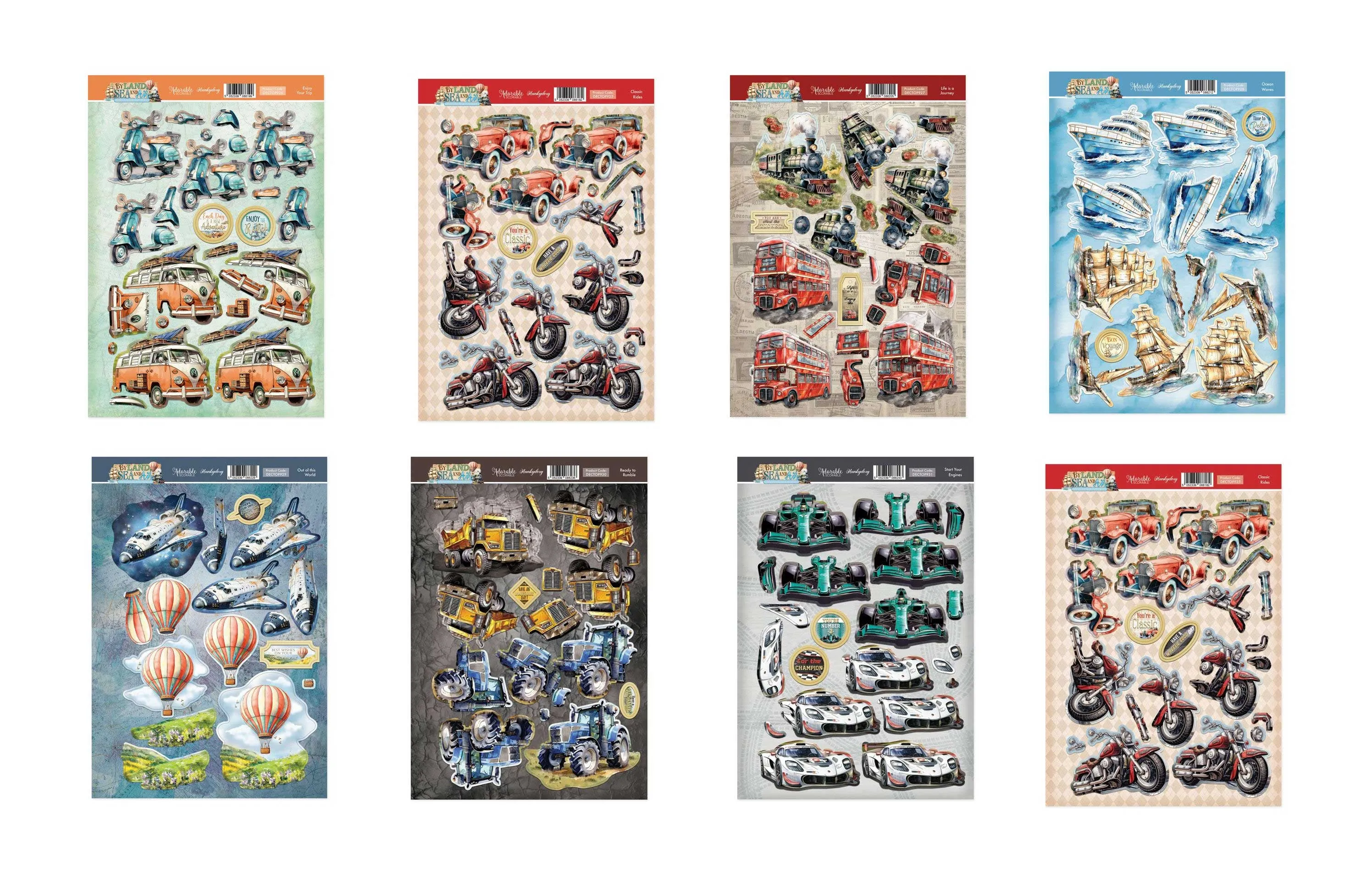 By Land, Sea and Air Decoupage Toppers, 8 sets