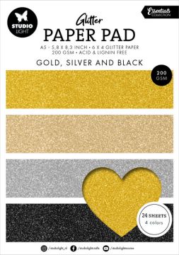 Essentials Glitter Pack--gold, silver, black, 24 sheets 6"x8"