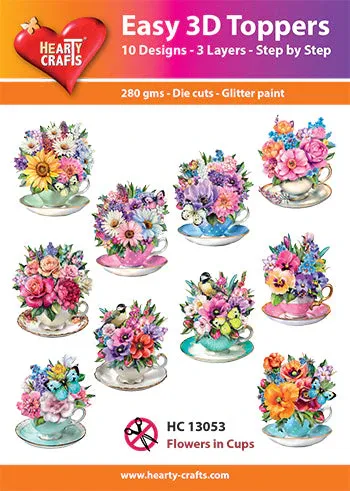 Flowers in Cups 3D Toppers, 30 pieces
