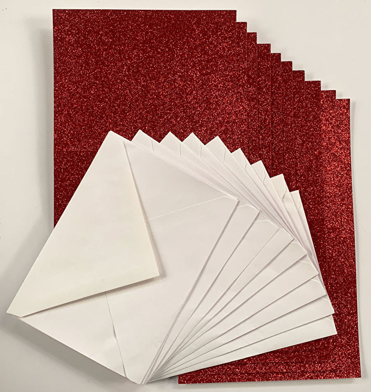 Red Glitter Cards & Envelopes, 10 pack, 5"x6.5"